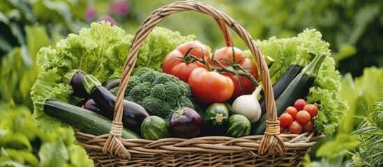 Close up view of a wicker basket filled with various vegetables like zucchinis eggplants cucumbers onions garlic red and green tomatoes set against a garden backdrop featuring green lettuce and tomat