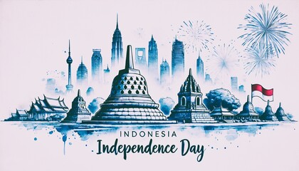 Wall Mural - Indonesia Independence Day card illustration in watercolor style.