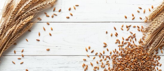 Aufkleber - Top down view of rye on a white wooden surface with a clear area for text ideal as a copy space image