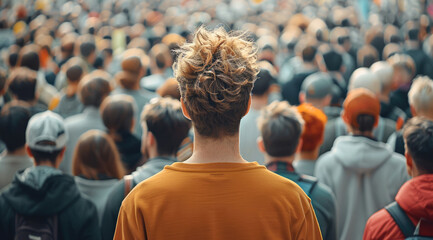 Poster - Rear view, one person standing standing in middle among a crowd of people. Generative AI.