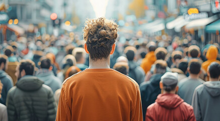 Wall Mural - Rear view, one person standing standing in middle among a crowd of people. Generative AI.