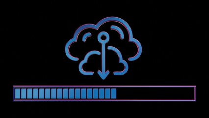 Aufkleber - Neon Cloud Computing Icon with Loading Bar on Black Background..