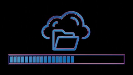 Aufkleber - Neon Cloud Computing Icon with Loading Bar on Black Background..