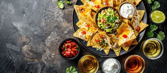 Poster - Top view shot of Mexican nachos chips with guacamole salsa cheese and sour cream accompanied by tequila shots on a stone table with copy space image