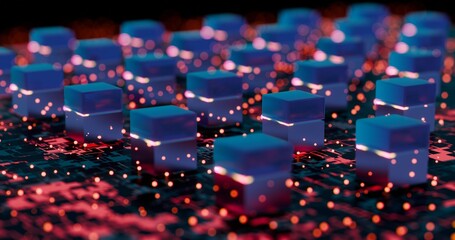 Poster - Futuristic Digital Blocks with Neon Lights on Circuit Board..