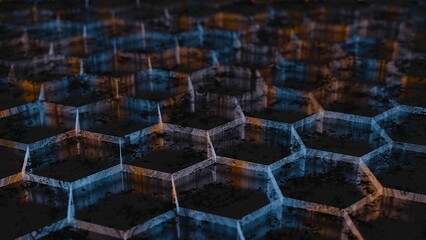 Poster - Dark Abstract Hexagonal Pattern with Blue and Orange Light Reflections..