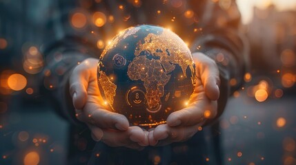 Leinwandbilder - Hands holding a glowing globe with economic indicators and growth trends, symbolizing global economic growth. Generative AI.