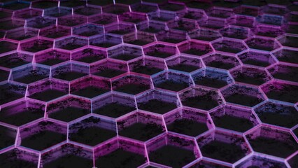 Poster - Dark Abstract Hexagonal Pattern with Purple and Pink Light Reflections..