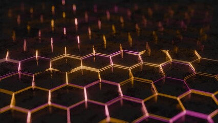 Poster - Illuminated Hexagonal Pattern with Neon Pink and Yellow Lights..