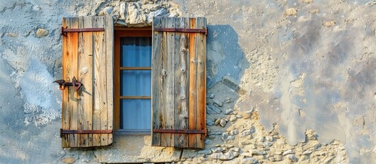 Poster - Ancient house wooden window with a rustic charm set against a scenic backdrop ideal for a copy space image