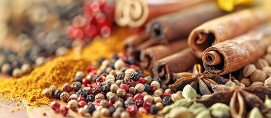 Wall Mural - Close up of various spices like coriander fennel cinnamon cloves cardamom black pepper and star anise on a wooden surface with a blurred background offering copy space image