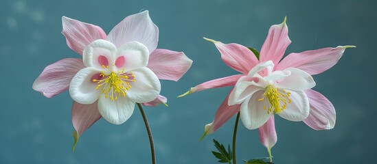 Poster - Pair of pink and white Columbine flowers in a copy space image