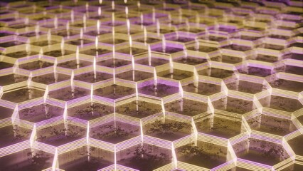 Poster - Illuminated Hexagonal Pattern with Neon Pink and Yellow Lights..