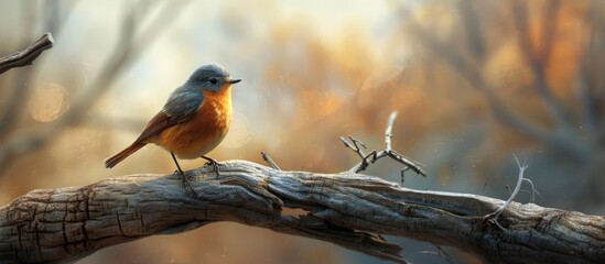Poster - A Daurian redstart is seen perched elegantly on a dead tree branch with a scenic background providing empty space for image placement. with copy space image. Place for adding text or design