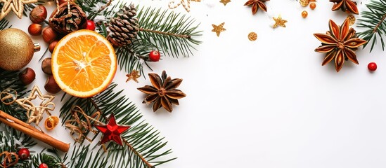 Poster - Top view image of Christmas flat lay decoration with pine star orange glitter ball and nuts on white background featuring copy space image