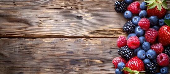 Aufkleber - Fresh organic berries on a natural wooden backdrop with a designated copy space image
