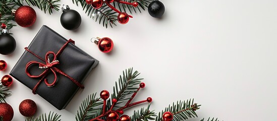 Poster - Christmas themed composition featuring black gift box ornaments and fir branches with red decorations against a white backdrop suitable for copy space image
