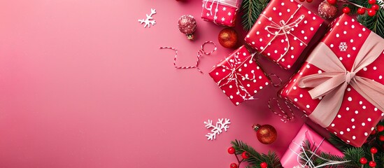 Poster - Pink background showcases Christmas gifts on a banner with copy space image layout