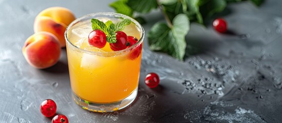 Poster - Gray loft background with a refreshing drink made of gooseberry and peach juice Copy space image available