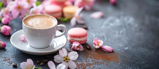 Poster - Selective focus highlights a delightful scene of freshly brewed coffee and macarons adorned with primrose flowers in a shallow depth of field in a copy space image