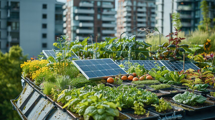 Aufkleber - An urban rooftop garden with solar panels and residents tending to plants and vegetables. Generative AI.