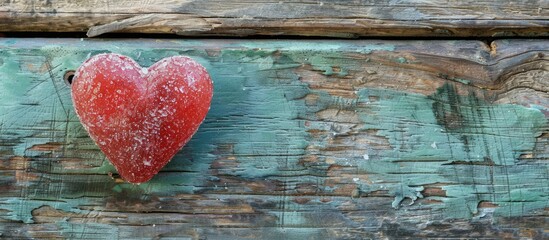 Poster - Heart shaped sugar decoration displayed on a weathered wooden surface with copy space image