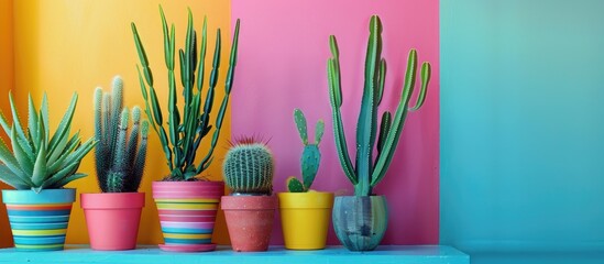 Poster - Various potted cacti displayed on a table with a colorful backdrop offering a copy space image for interior decoration
