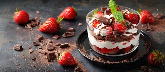 Poster - Dark background with space for text featuring a dessert of strawberries chocolate biscuit and cream. with copy space image. Place for adding text or design