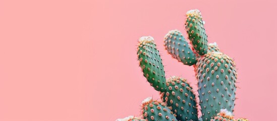 Poster - A cactus houseplant in a close up photo on a pink pastel background suitable for various uses like home decor garden inspiration and copy space image for various media and platforms