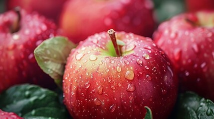 Wall Mural - Close-up of fresh red apples with water droplets