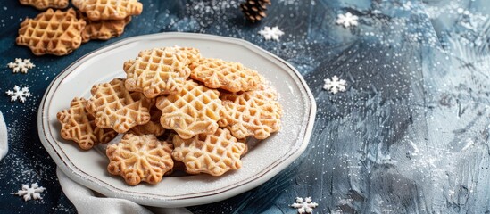 Fototapete - Round white plate with snowflake design holding handmade Krumkake waffle cookies on a dark blue background with copy space image
