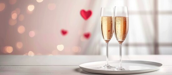 Valentine s Day celebration with a tray showcasing two glasses of tasty sparkling wine on a white table ideal for a romantic setting with copy space image