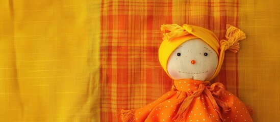 Poster - Background of orange flannel layered over yellow flannel with flannel fabric used for sewing and creating the doll incorporating a copy space image