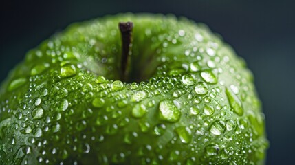 Detailed close-up of a green apple with dew droplets, highlighting its fresh appearance.