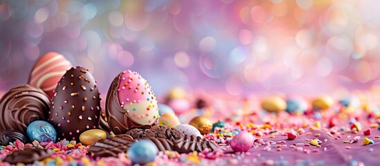 Poster - Delicious chocolate Easter eggs and cookies displayed against a colorful background with copy space image
