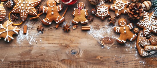 Aufkleber - Close up of various decorated gingerbread cookies on a wooden surface set against a festive Christmas or winter backdrop with copy space image