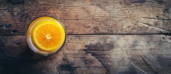 Fototapete - Copy space image of a refreshing cocktail with fresh orange juice placed on a rustic wooden surface