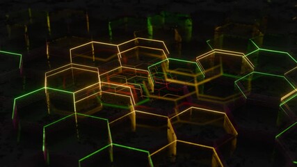 Aufkleber - Illuminated Hexagonal Pattern with Neon Green and Yellow Lights

