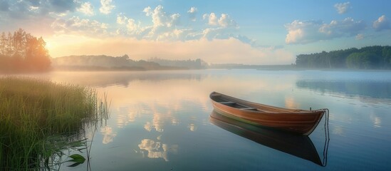 Aufkleber - A serene lake with a small boat against a backdrop of a tranquil morning in summer perfect for a copy space image