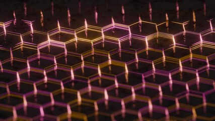 Poster - Illuminated Hexagonal Pattern with Neon Pink and Yellow Lights

