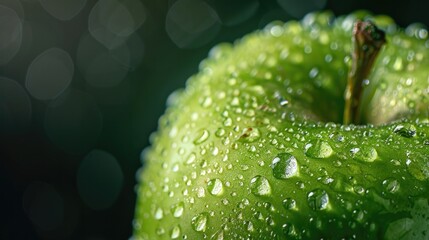 Detailed close-up of a green apple with dew droplets, highlighting its fresh appearance.