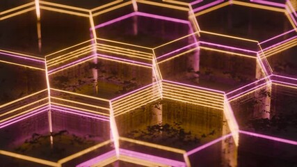 Poster - Illuminated Hexagonal Pattern with Neon Pink and Yellow Lights

