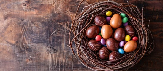 Aufkleber - Closeup view of delicious chocolate eggs with candies in a decorative nest perfect for a copy space image