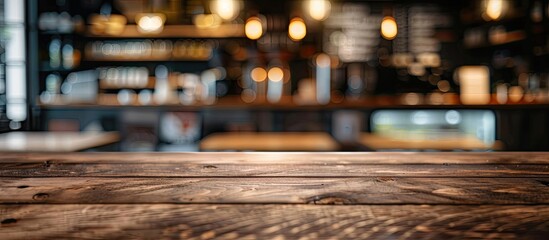 Aufkleber - Bokeh background at a coffee shop with a blurred effect behind the chosen empty brown wooden table perfect for product displays with copy space image