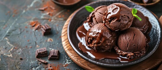 Aufkleber - Chocolate ice cream with syrup on plate on dining table with copy space image
