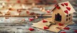 © vxnaghiyev - Valentine s Day mock up template featuring empty paper cards adorned with hearts a miniature house with a heart and a golden key on a wooden backdrop suitable for copy space images