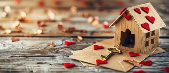 Poster - Valentine s Day mock up template featuring empty paper cards adorned with hearts a miniature house with a heart and a golden key on a wooden backdrop suitable for copy space images