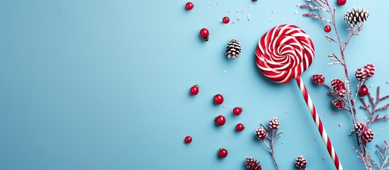 Aufkleber - Top down view of a decorative Christmas lollipop on a blue background in a flat lay composition with copy space image