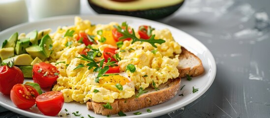 Leinwandbilder - Side view of a white plate with scrambled eggs and tomatoes accompanied by milk toast with avocado and copy space image