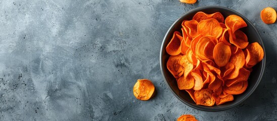 Aufkleber - top view of a bowl filled with fresh organic carrot chips on a grey surface ideal for text with a co
